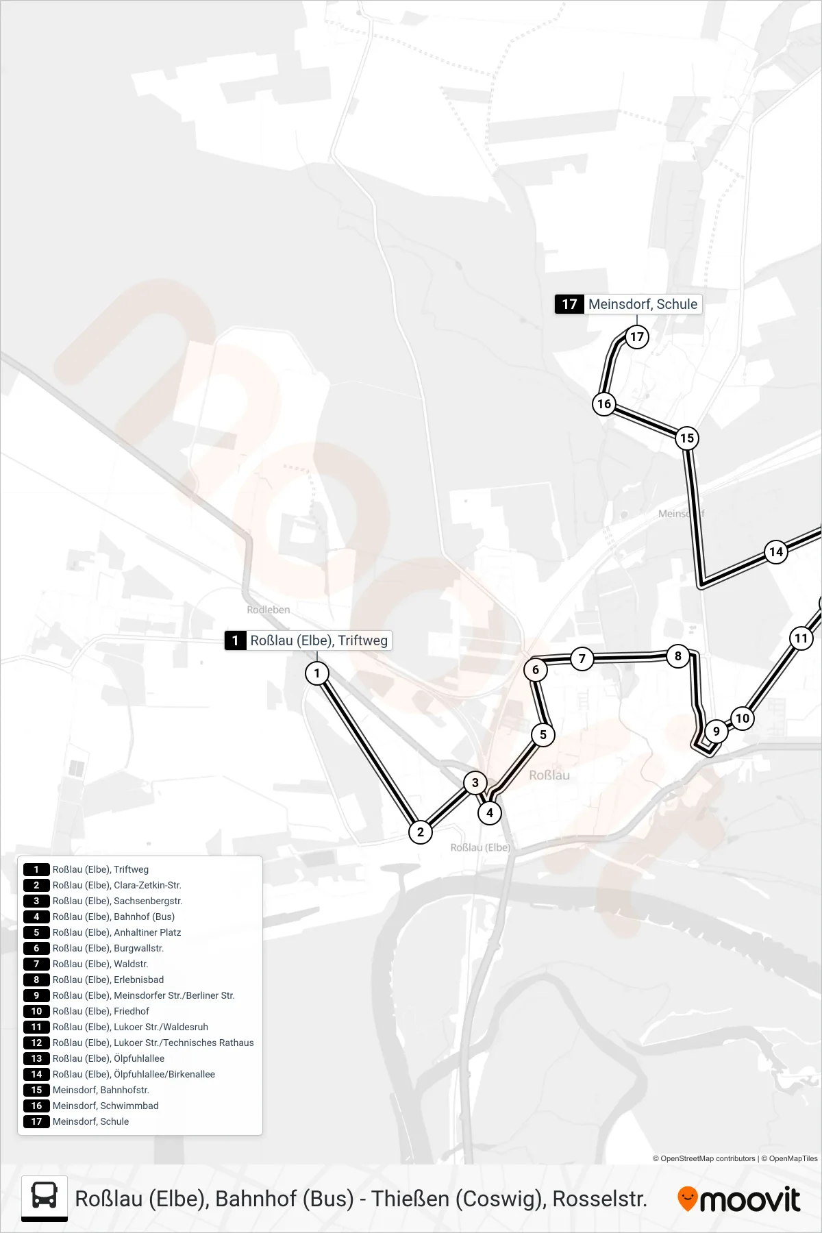 22 bus Line (Meinsdorf Schule) route and stops on a map