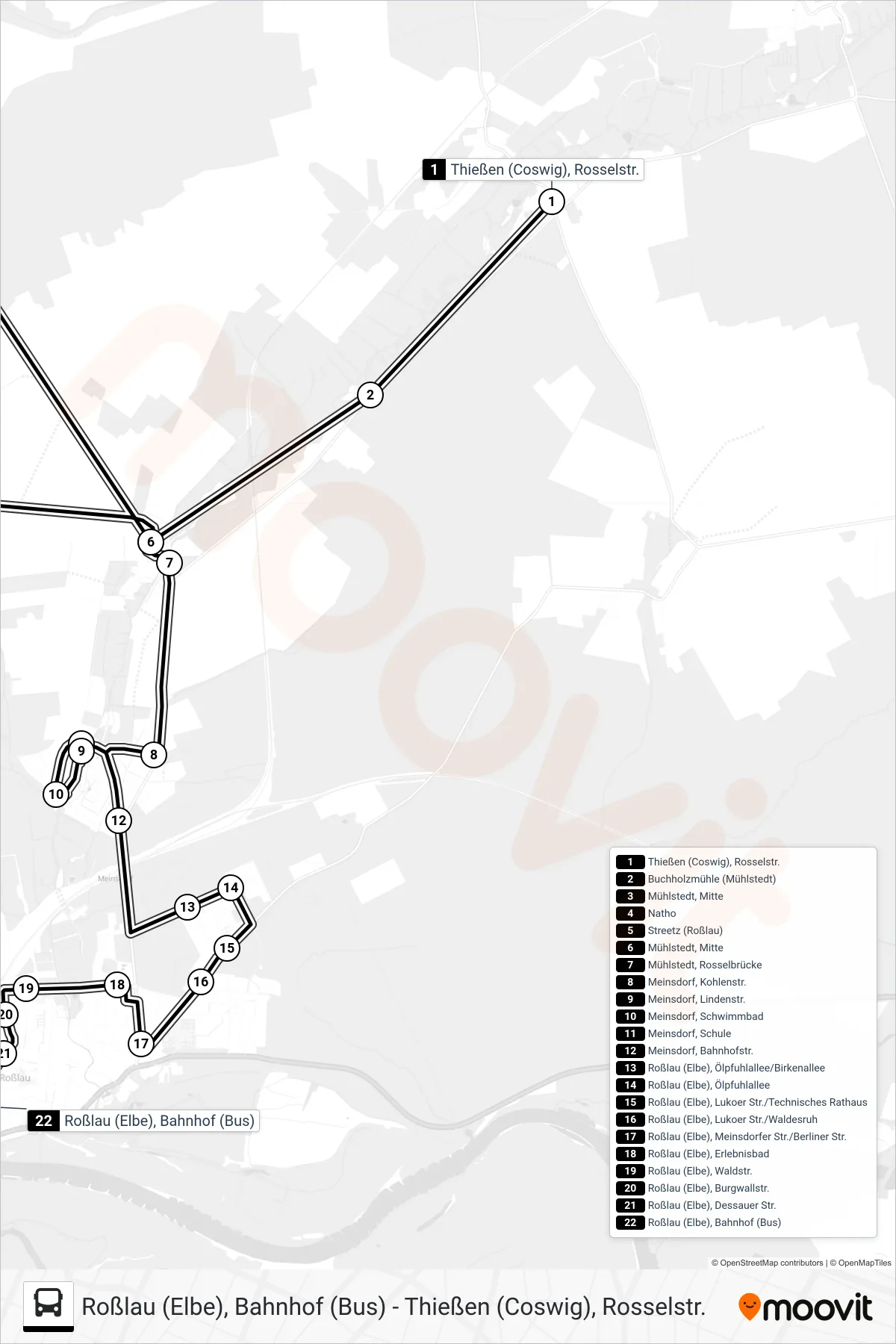 22 bus Line (Roßlau Bf) route and stops on a map
