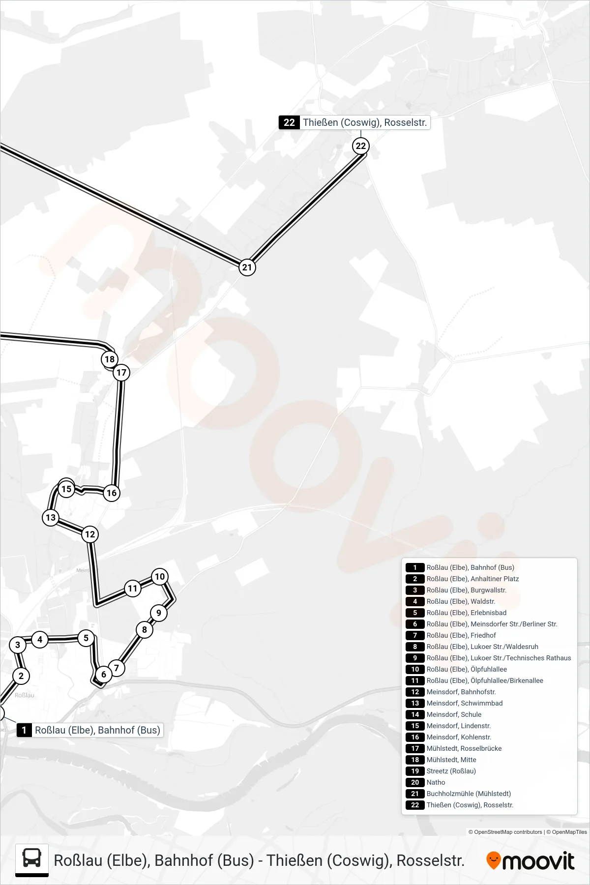 22 bus Line (Thießen Rosselstr) route and stops on a map