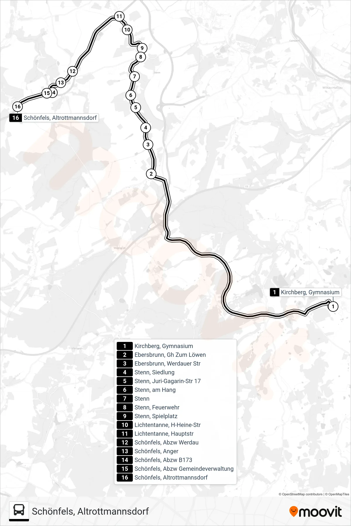 Linie 810 (Bus) Richtung Schönfels, Altrottmannsdorf: Route und Haltestellen auf der Karte