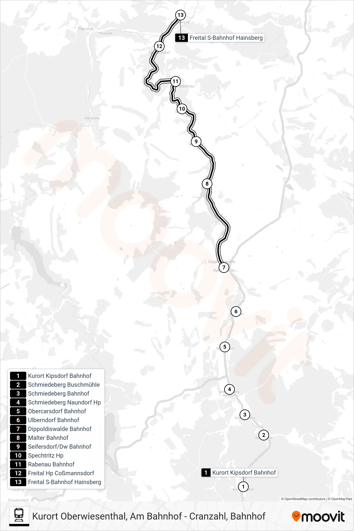 Linie DRB (Bahn) Richtung Freital S-Bahnhof Hainsberg: Route und Haltestellen auf der Karte