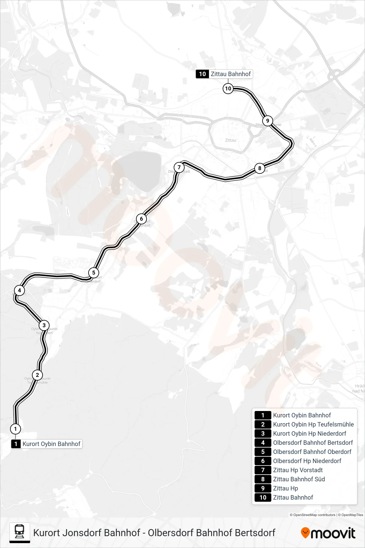 DRB train Line (Zittau Bahnhof) route and stops on a map