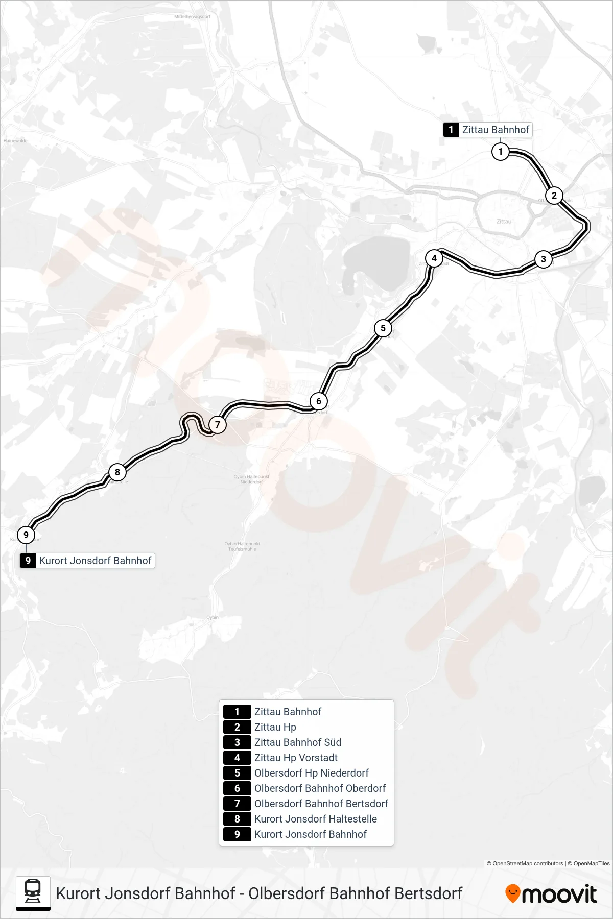 DRB train Line (Kurort Jonsdorf Bahnhof) route and stops on a map