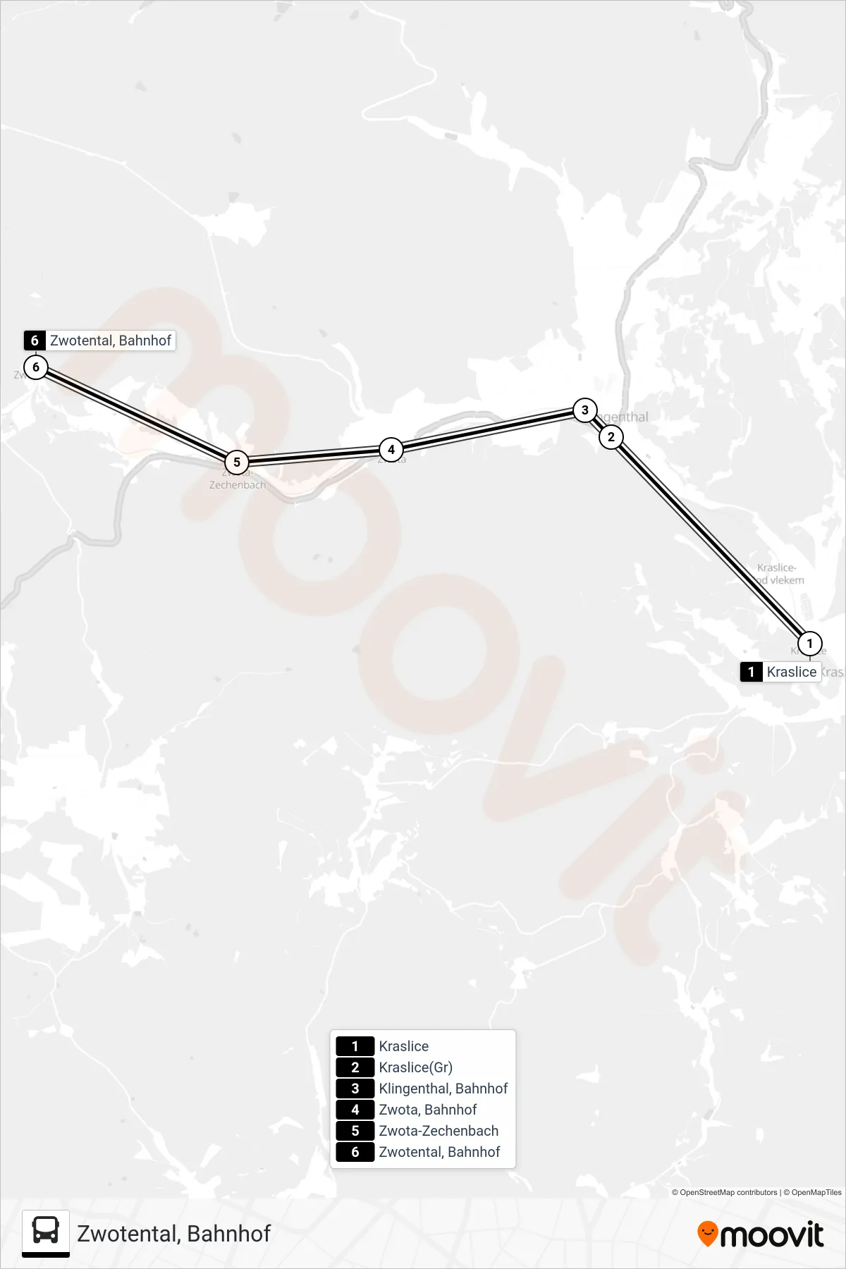 RB5 bus Line (Zwotental, Bahnhof) route and stops on a map