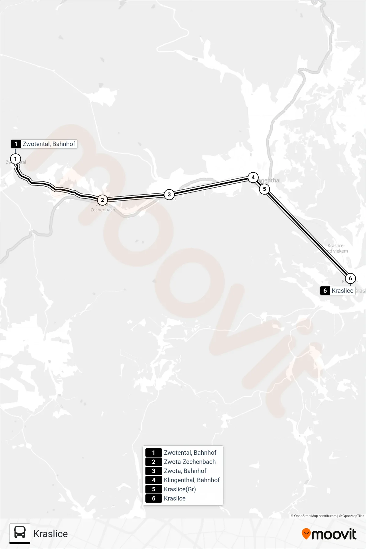 Linie RB5 (Bus) Richtung Kraslice: Route und Haltestellen auf der Karte