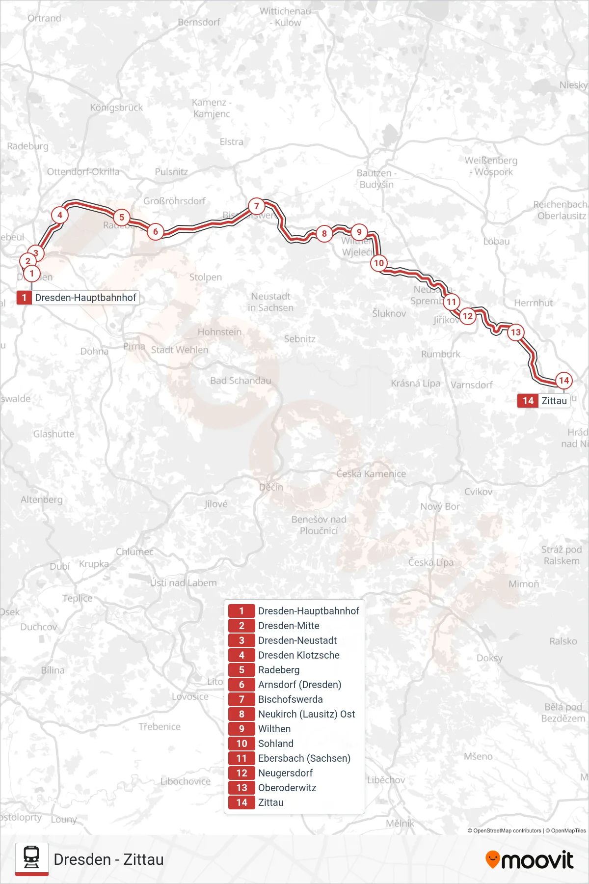 Linie RE2 (Bahn) Richtung Zittau: Route und Haltestellen auf der Karte