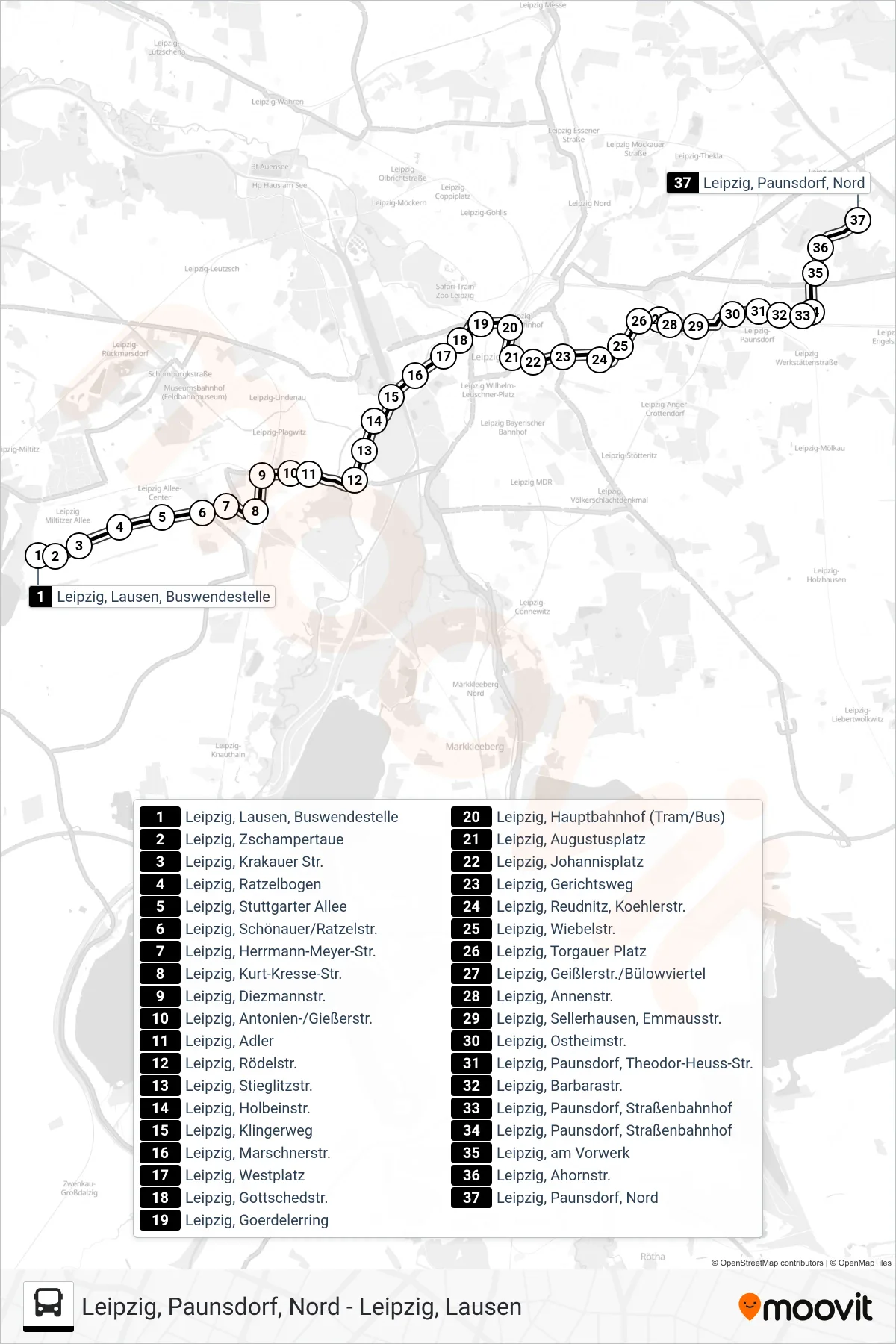 Linie N17 (Bus) Richtung Paunsdorf-Nord: Route und Haltestellen auf der Karte