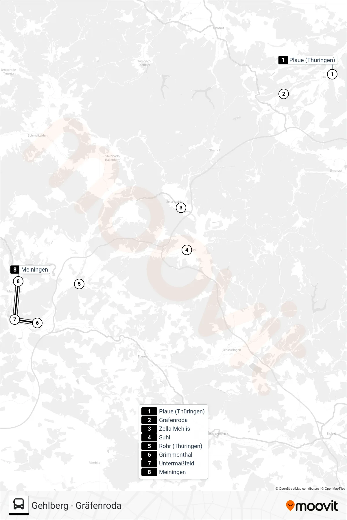RB44 bus Line (Meiningen) route and stops on a map