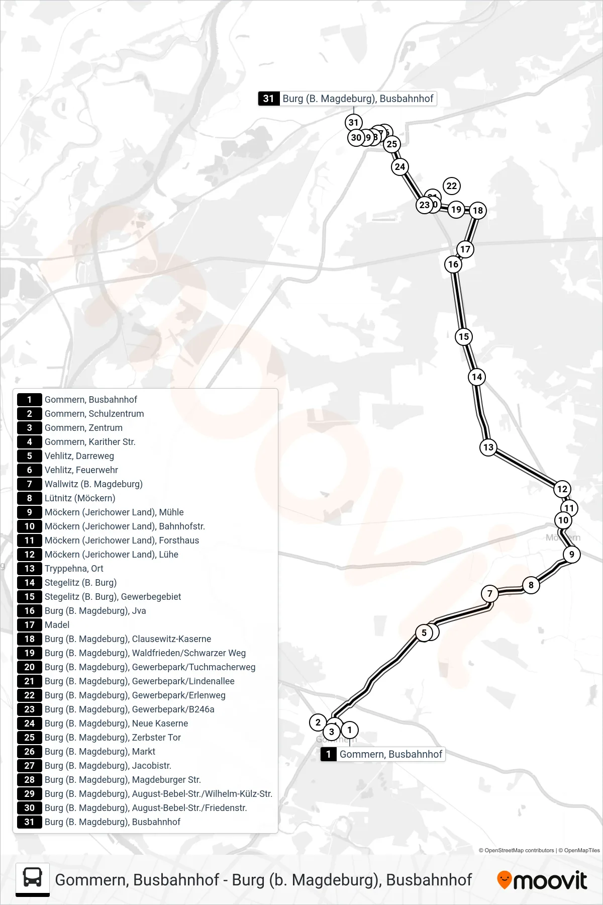 712 bus Line (712 Burg/N712 Gommern - Burg) route and stops on a map