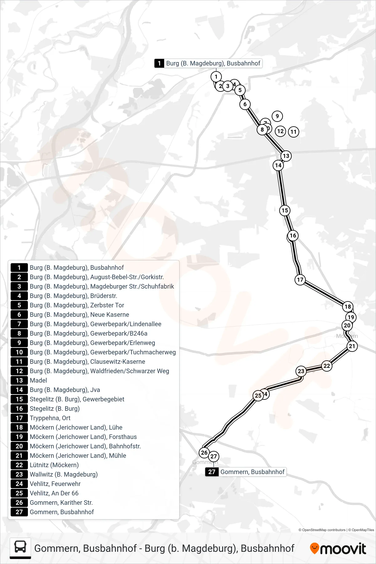 Linie 712 (Bus) Richtung 712 Gommern/N712 Burg - Gommern: Route und Haltestellen auf der Karte