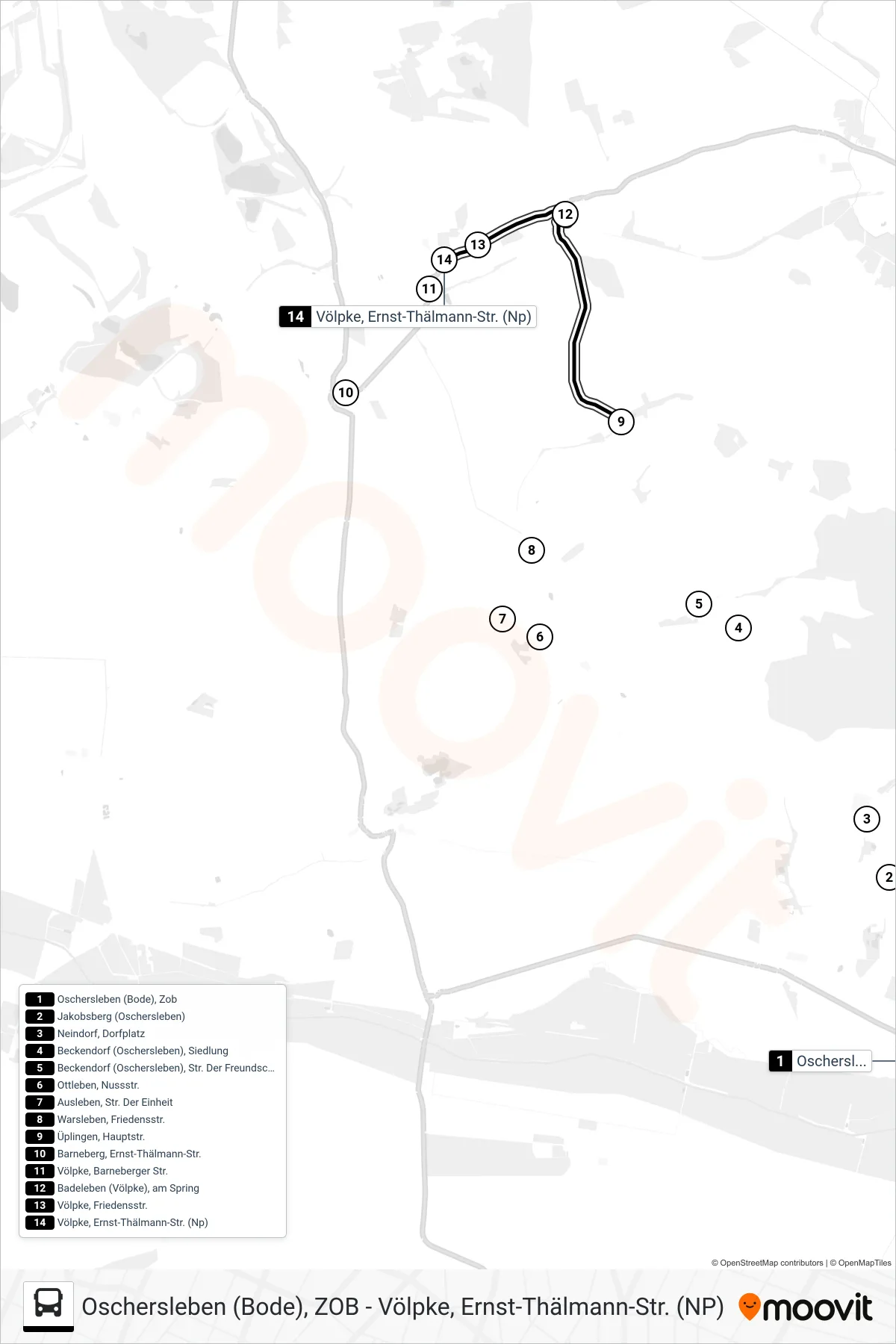 655 bus Line (Völpke) route and stops on a map
