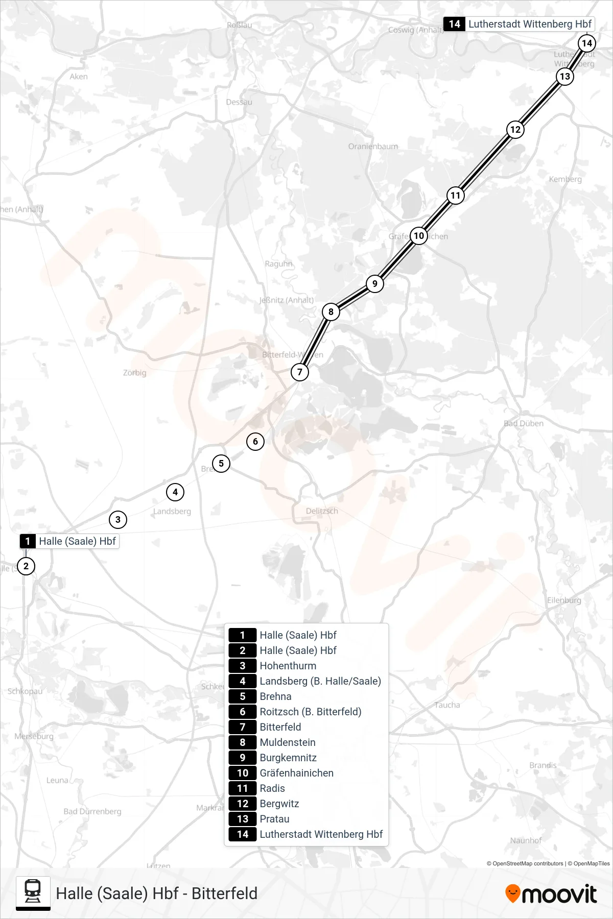 S8 rail Line (Lutherstadt Wittenberg Hbf) route and stops on a map