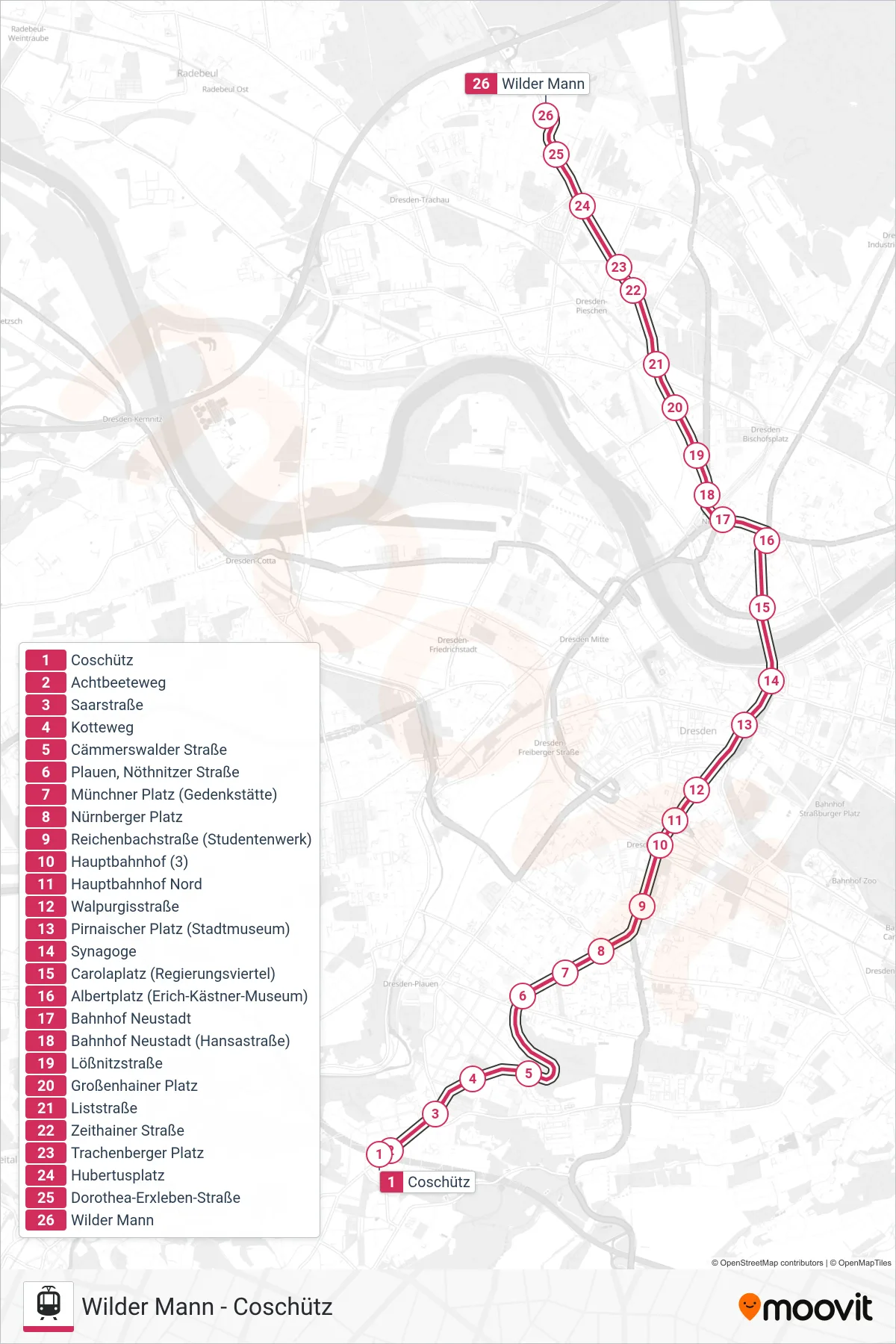 3 tram Line (Wilder Mann) route and stops on a map