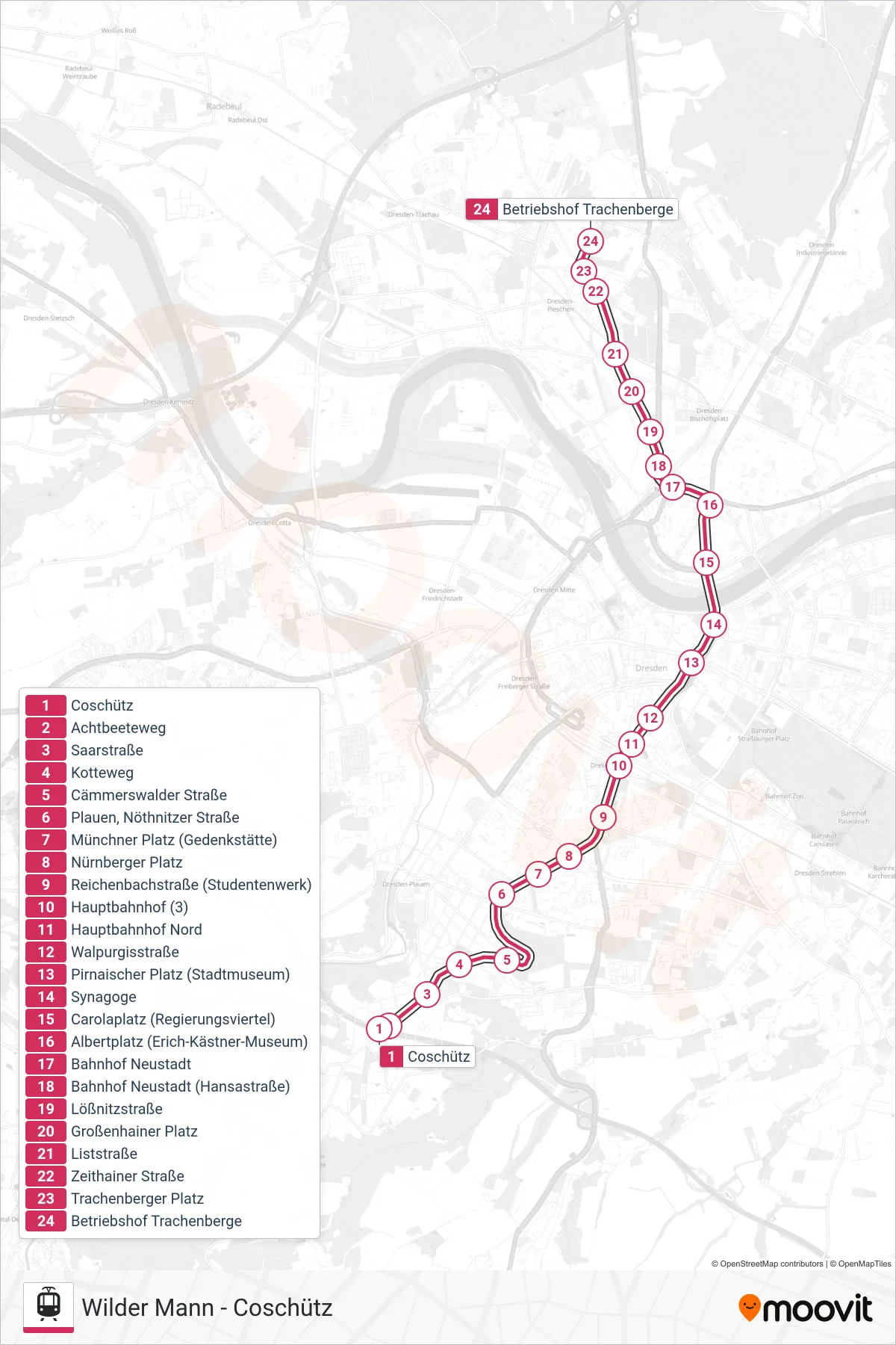3 light rail Line (Betriebshof Trachenberge) route and stops on a map
