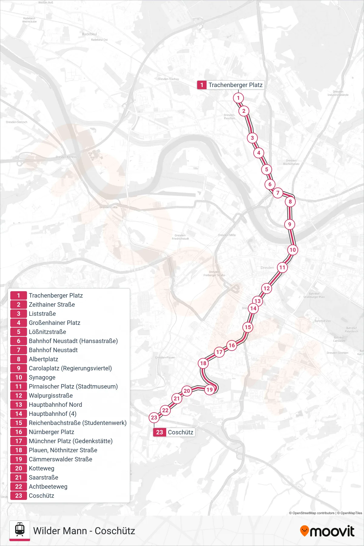 Linie 3 (Straßenbahn) Richtung Coschütz: Route und Haltestellen auf der Karte
