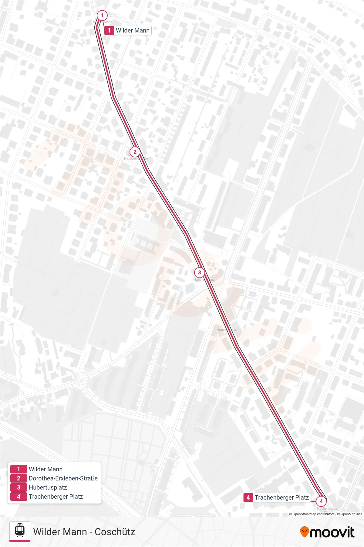 3 light rail Line (Trachenberger Platz) route and stops on a map