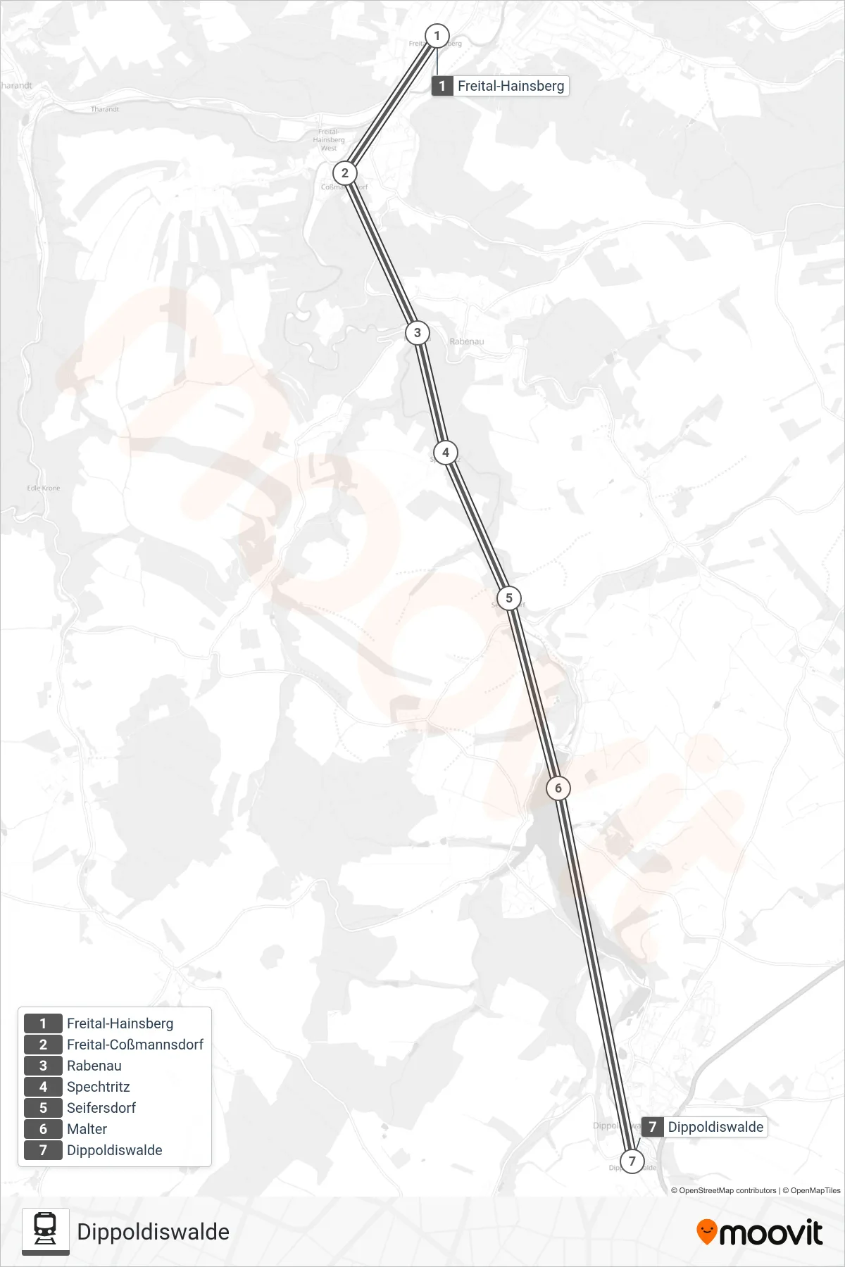 WTB train Line (Dippoldiswalde) route and stops on a map