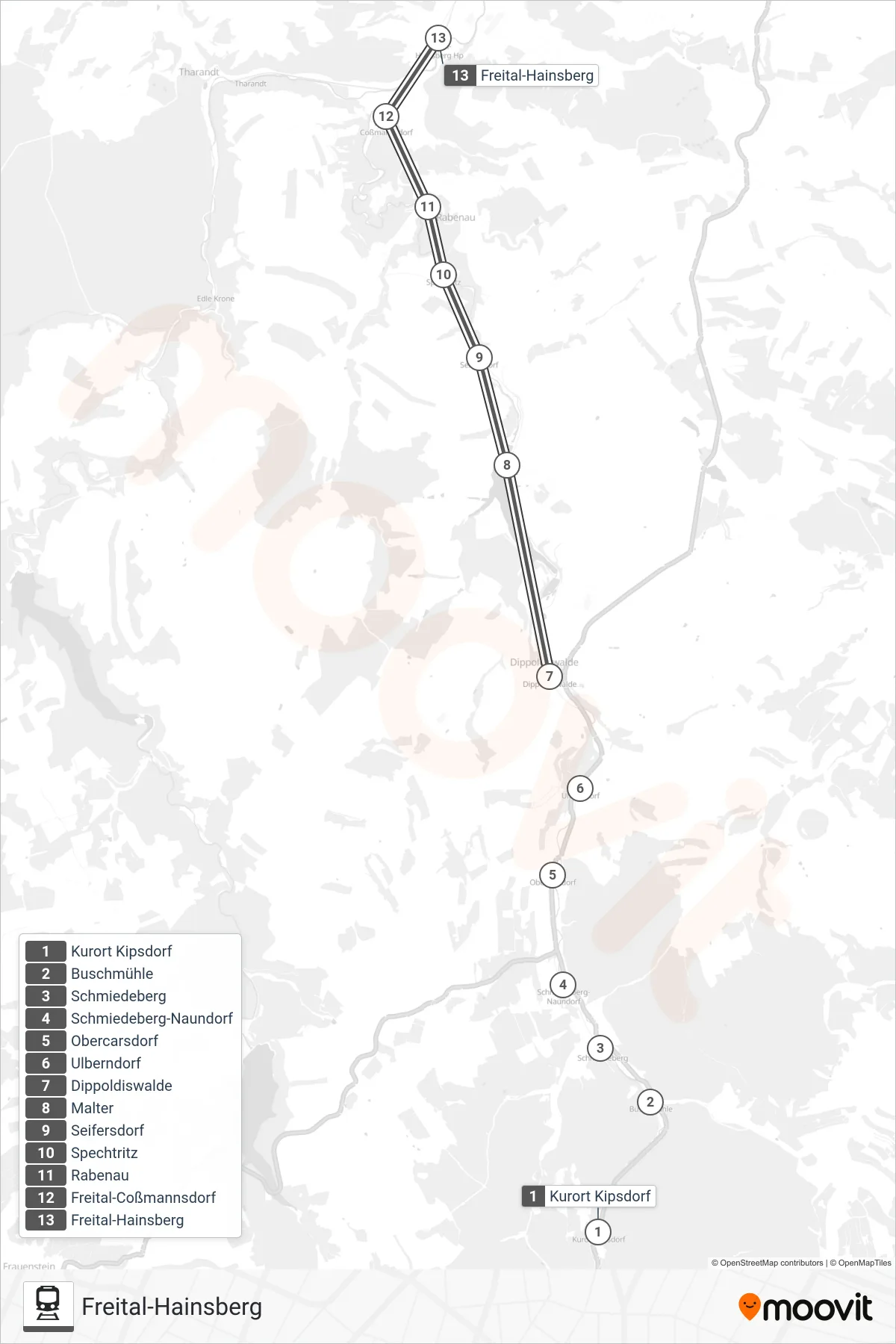 WTB train Line (Freital-Hainsberg) route and stops on a map
