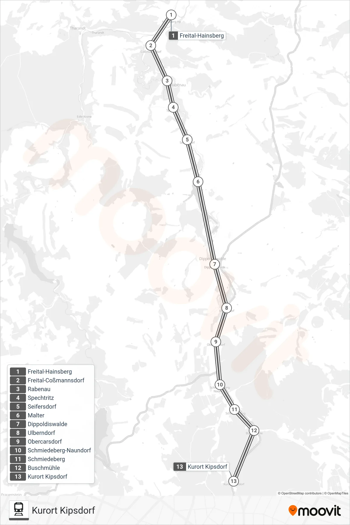 Linie WTB (Bahn) Richtung Kurort Kipsdorf: Route und Haltestellen auf der Karte