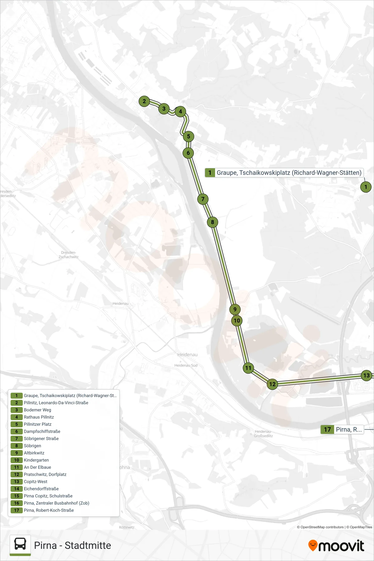Linie P (Bus) Richtung Pirna - Stadtmitte: Route und Haltestellen auf der Karte