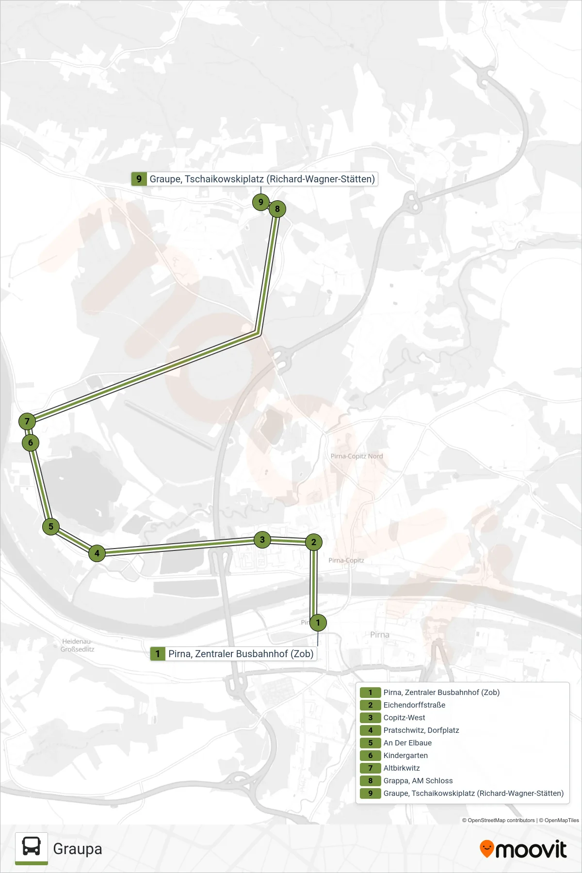 P bus Line (Graupa) route and stops on a map