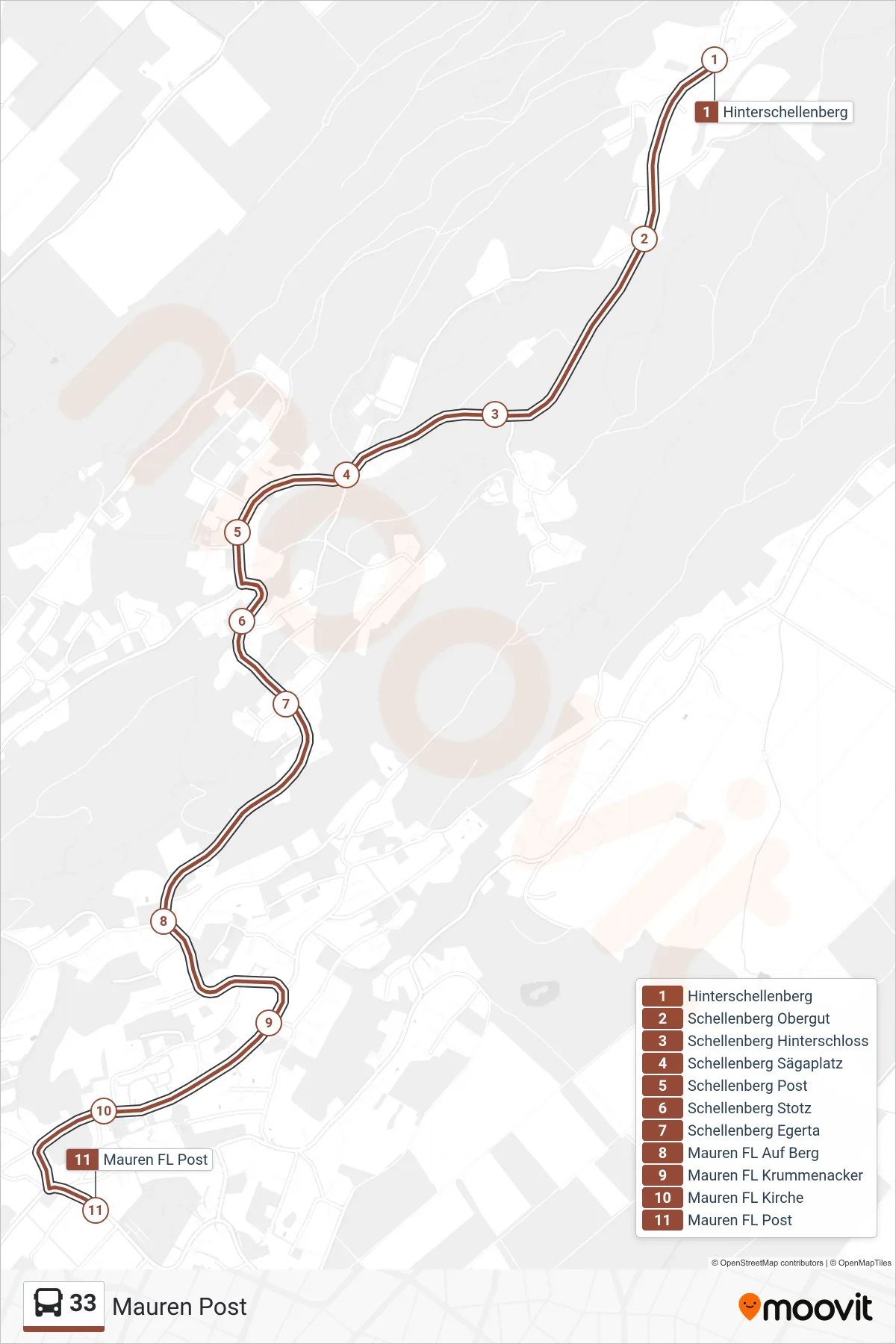 Linie 33 (Bus) Richtung Mauren Post: Route und Haltestellen auf der Karte