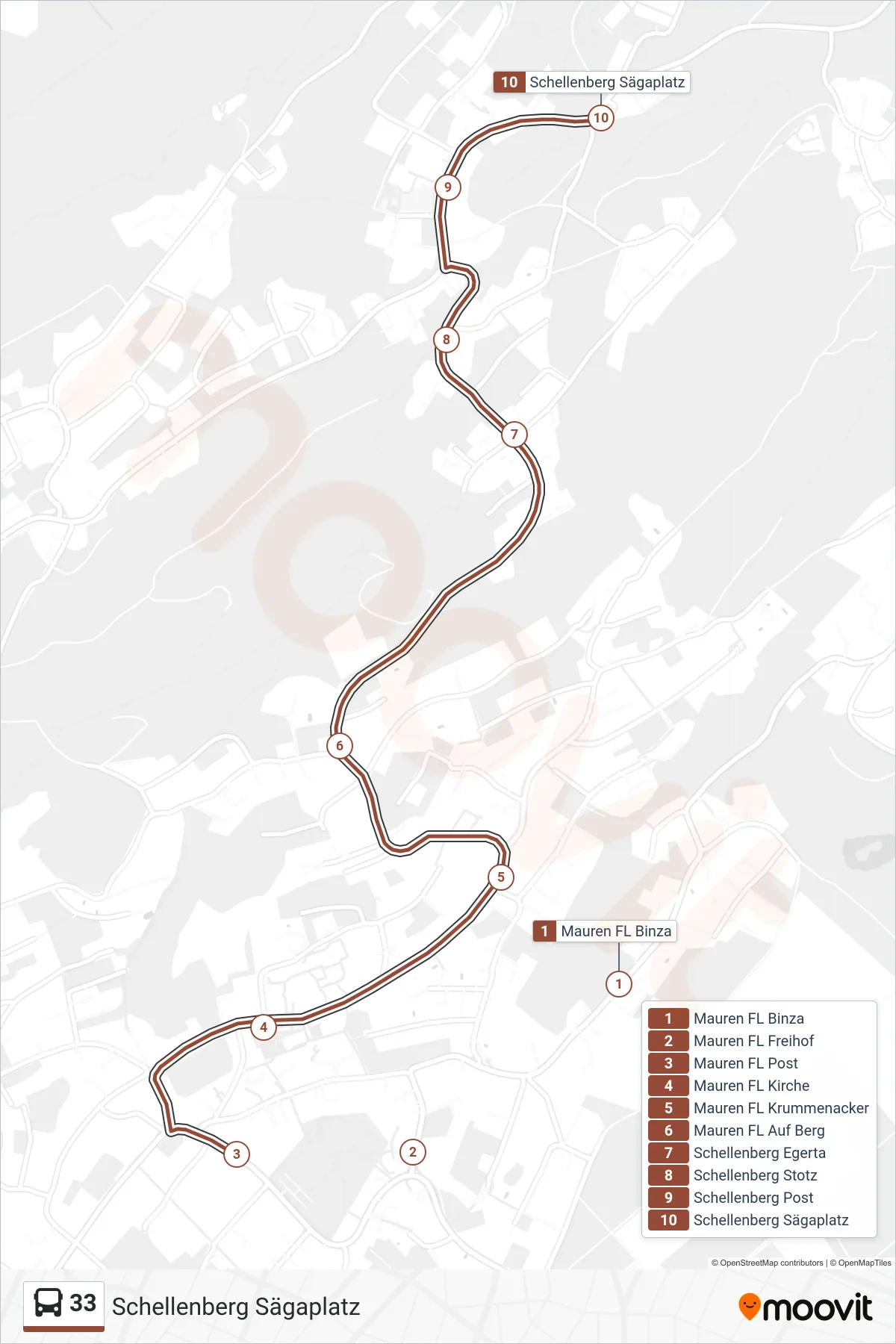 33 bus Line (Schellenberg Sägaplatz) route and stops on a map