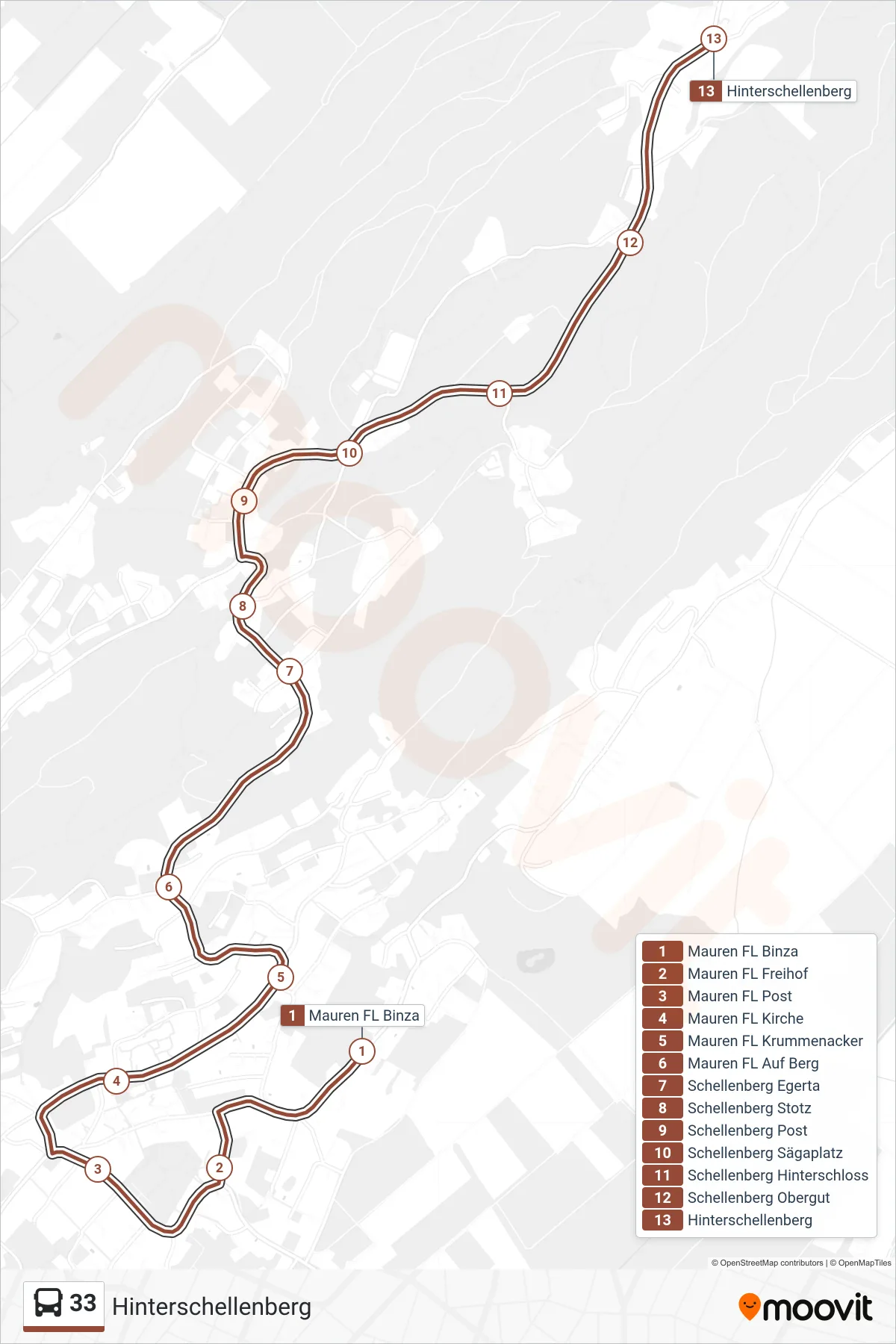 33 bus Line (Hinterschellenberg) route and stops on a map