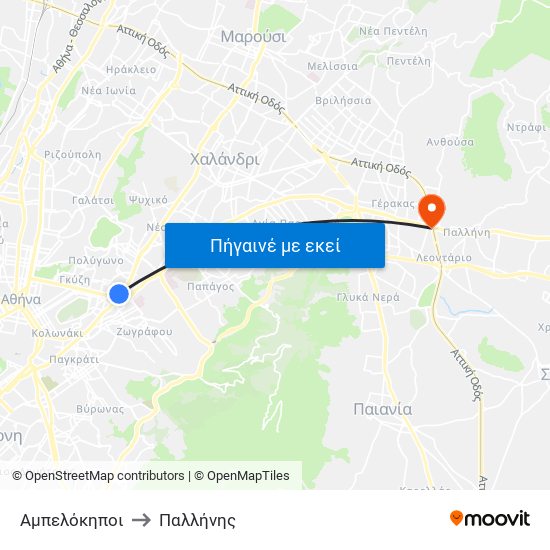 Αμπελόκηποι to Παλλήνης map