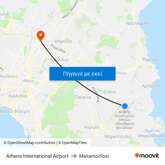 Athens International Airport to Metamorfosi map