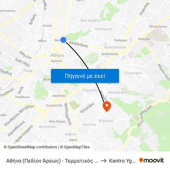 Αθήνα (Πεδίον Άρεως) - Τερματικός / Athens (Pedion Areos)- Terminal to Kentro Ygeias Vyrona map