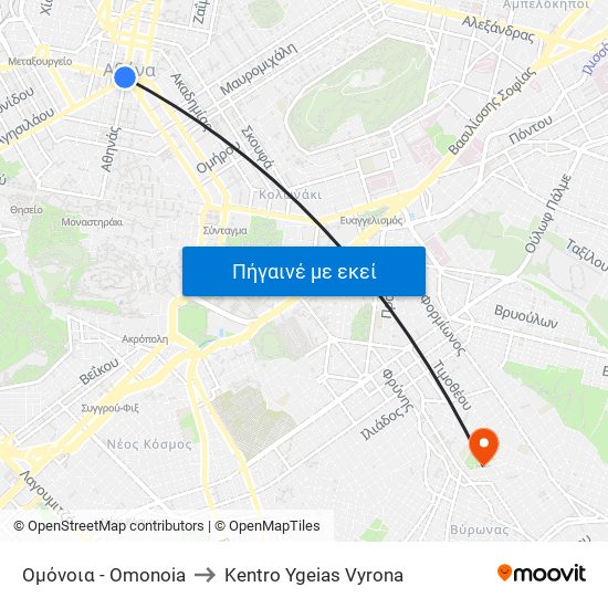 Ομόνοια - Omonoia to Kentro Ygeias Vyrona map
