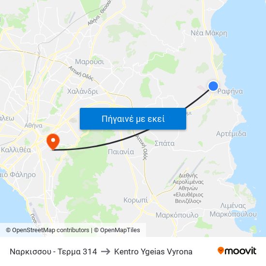 Ναρκισσου - Τερμα 314 to Kentro Ygeias Vyrona map