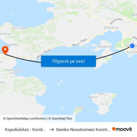 Κορυδαλλός - Koridalos to Geniko Nosokomeio Korinthou map
