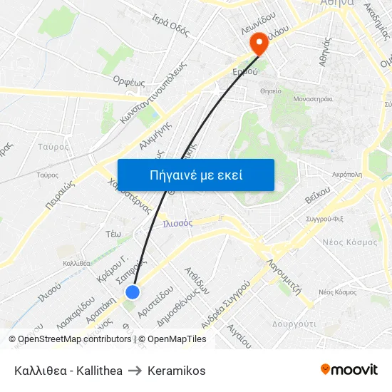 Καλλιθεα - Kallithea to Keramikos map