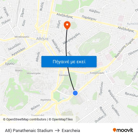 A8) Panathenaic Stadium to Exarcheia map