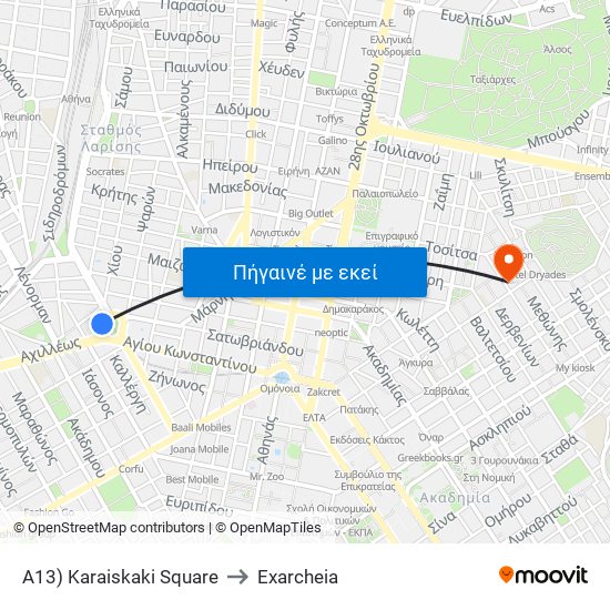 A13) Karaiskaki Square to Exarcheia map