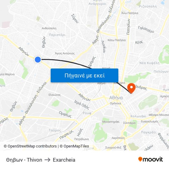 Θηβων - Thivon to Exarcheia map
