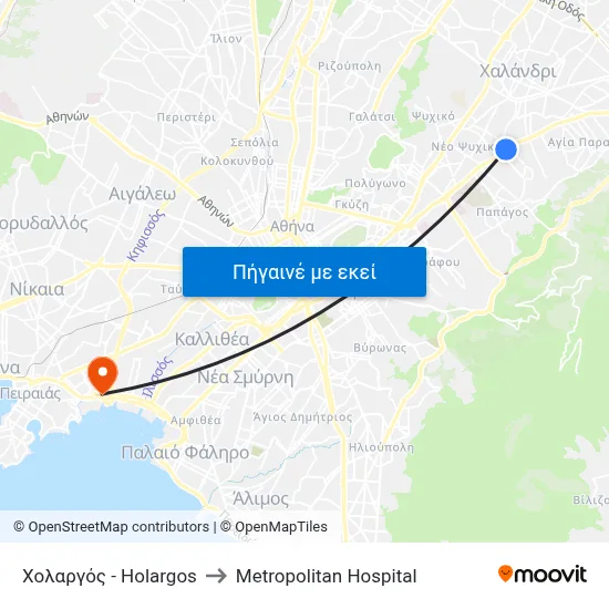 Χολαργός - Holargos to Metropolitan Hospital map