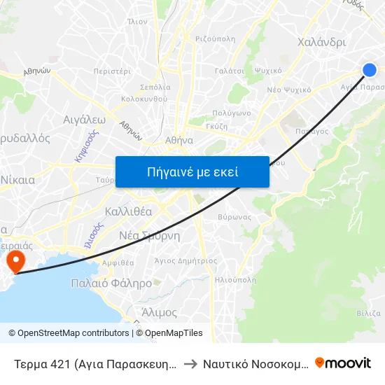 Τερμα 421 (Αγια Παρασκευη) - Agia Paraskeyh to Ναυτικό Νοσοκομείο Πειραιά map