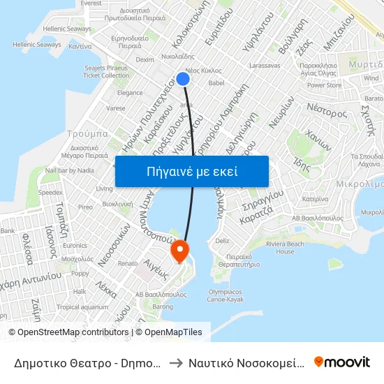 Δημοτικο Θεατρο - Dηmotiko Theatro to Ναυτικό Νοσοκομείο Πειραιά map
