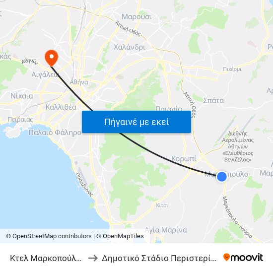 Κτελ Μαρκοπούλου to Δημοτικό Στάδιο Περιστερίου map