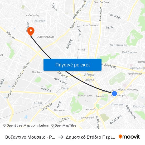 Βυζαντινο Μουσειο - Ρηγιλλης to Δημοτικό Στάδιο Περιστερίου map