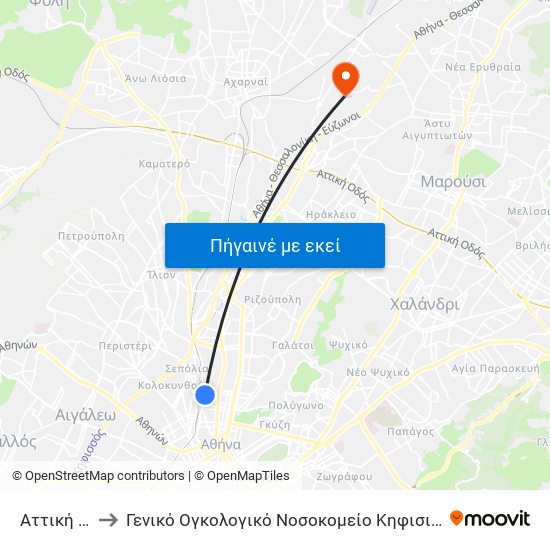 Αττική - Attiki to Γενικό Ογκολογικό Νοσοκομείο Κηφισιάς Οι Άγιοι Ανάργυροι map