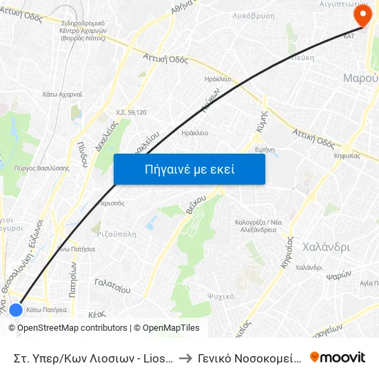 Στ. Υπερ/Κων Λιοσιων - Liosion Intercity Bus Station to Γενικό Νοσοκομείο Αττικής "Κατ" map