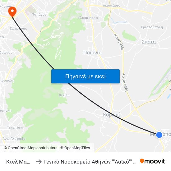 Κτελ Μαρκοπούλου to Γενικό Νοσοκομείο Αθηνών ""Λαϊκό"" - Παράρτημα Σεβαστουπόλεως map