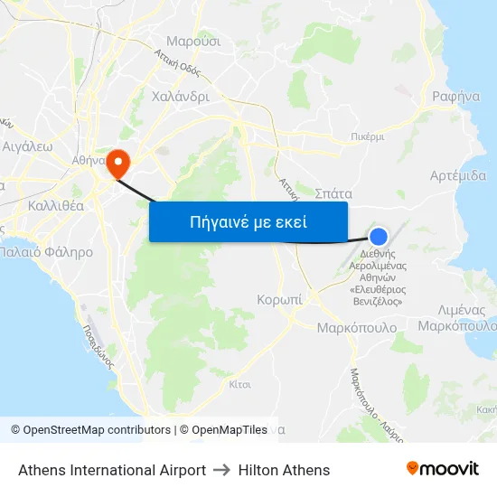 Athens International Airport to Hilton Athens map