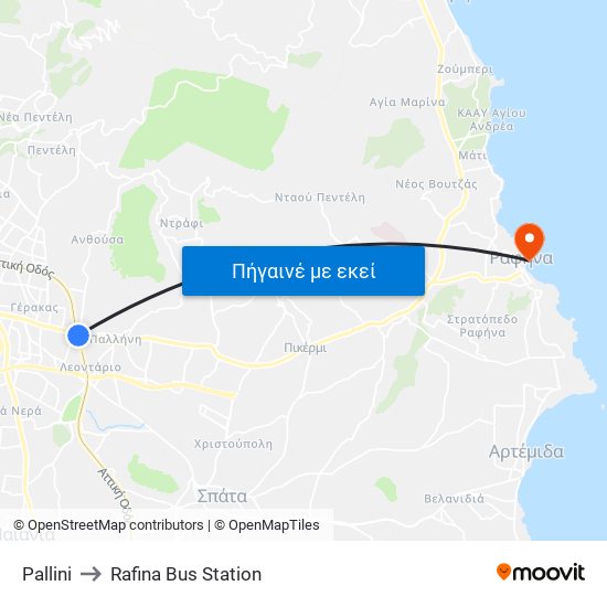 Pallini to Rafina Bus Station map