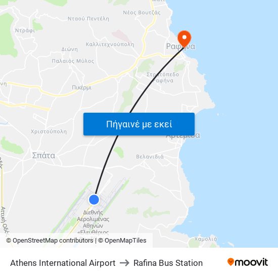 Athens International Airport to Rafina Bus Station map