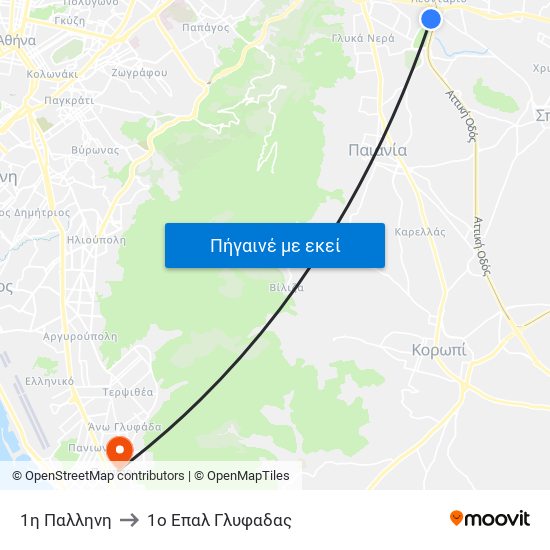 1η Παλληνη to 1ο Επαλ Γλυφαδας map
